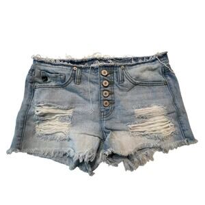KanCan Women’s Distressed Denim Shorts Button Fly Raw Hem Size S (28)